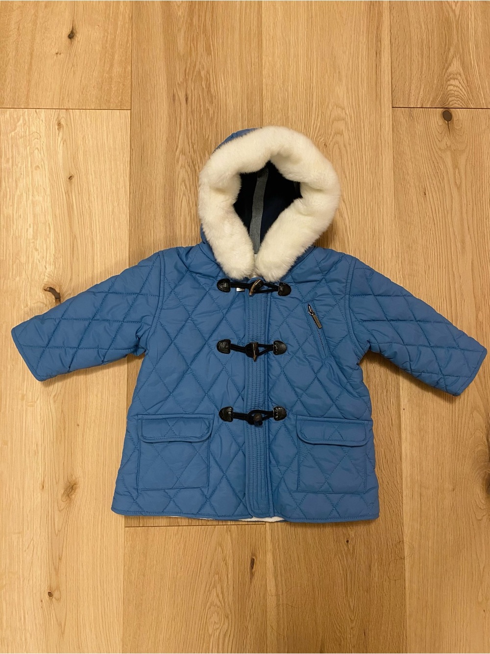 Burberry Baby Quilted Hooded Coat with Faux Fur Trim - Blue